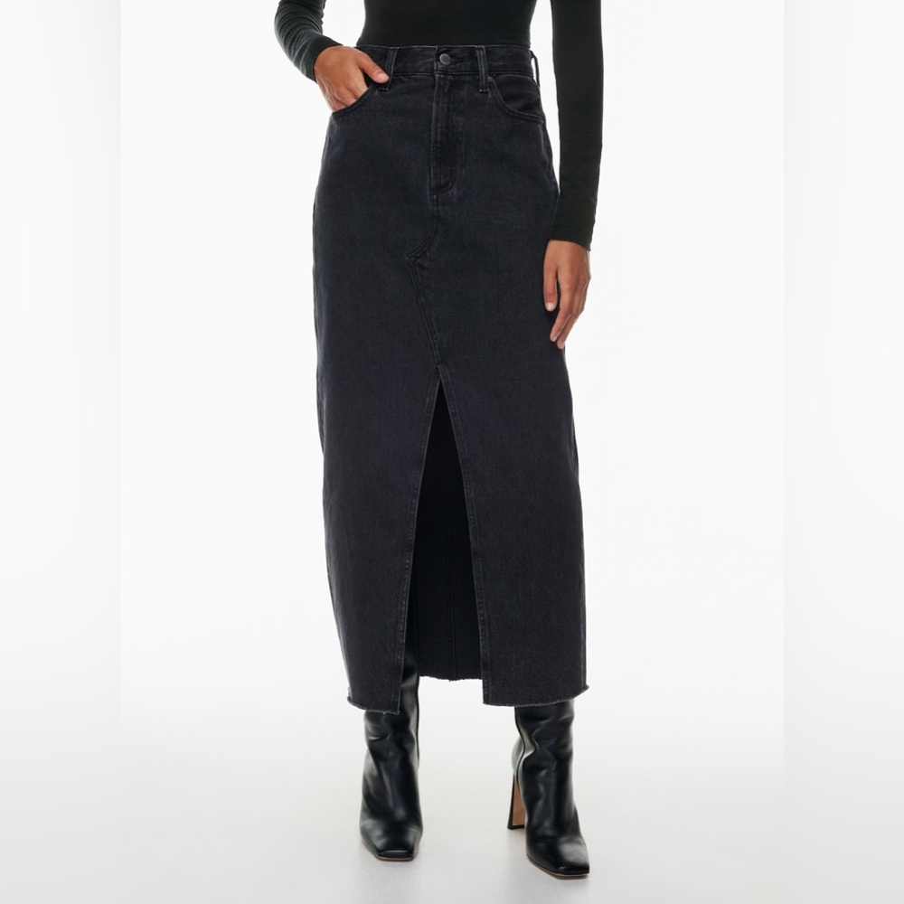 Black Denim Maxi Skirt with Front Slit